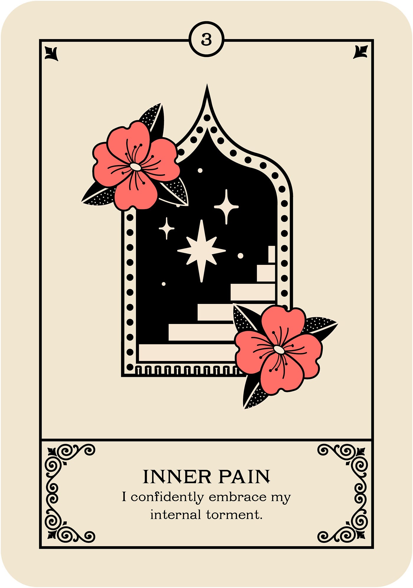 Card with a design of a star, flowers, and text on a beige background