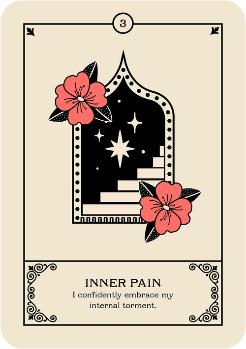 Card with a design of a star, flowers, and text on a beige background