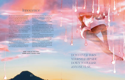 book page with a blurred image of a person running, text, and a mountain landscape.