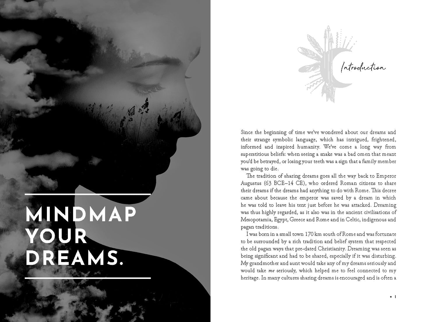 Book page with silhouette of a person and text about mind mapping dreams.