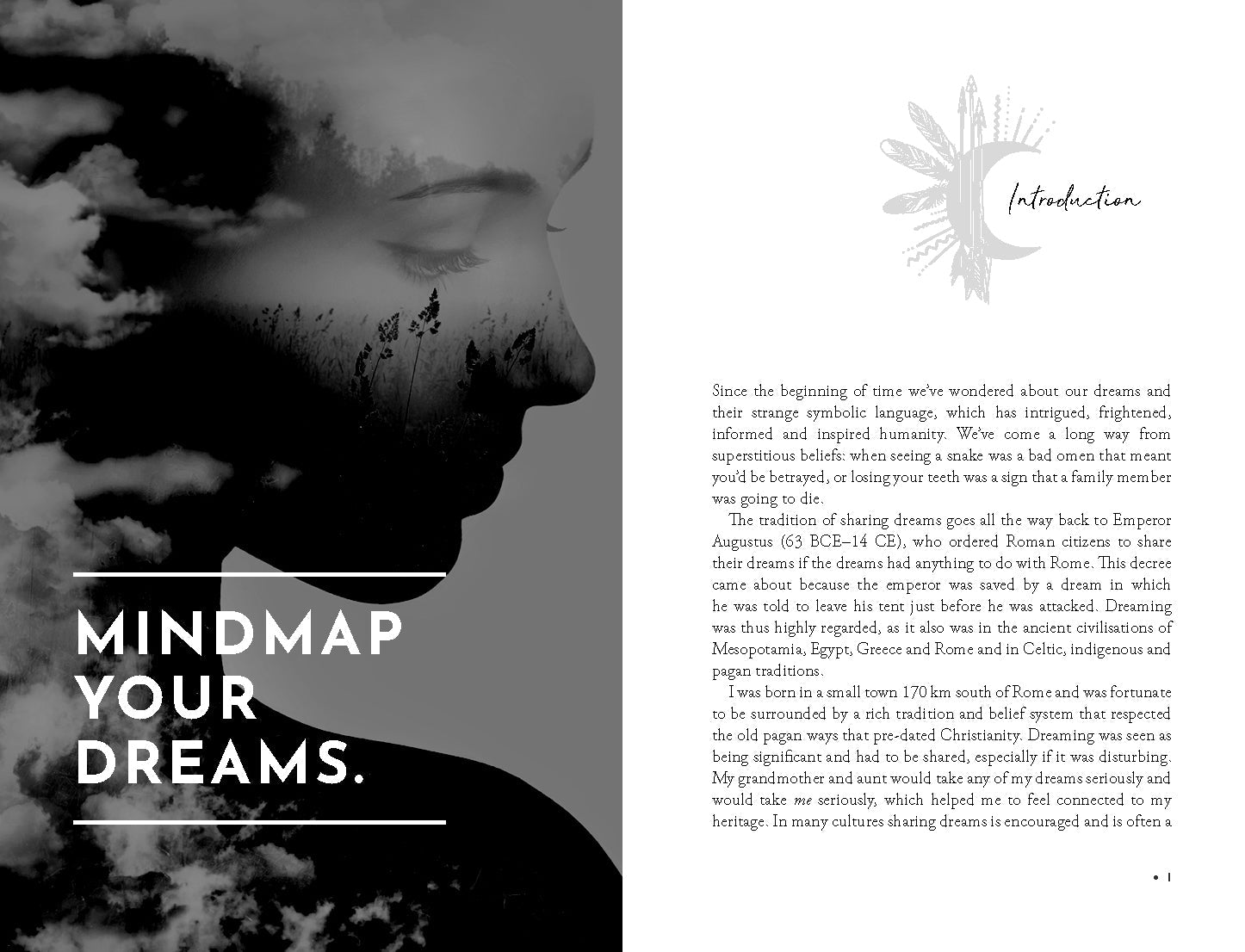 Book page with silhouette of a person and text about mind mapping dreams.