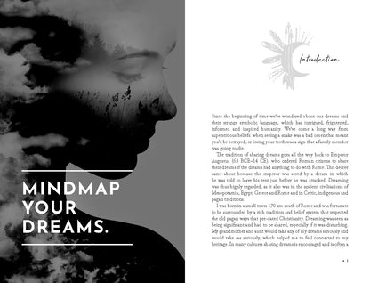 Book page with silhouette of a person and text about mind mapping dreams.