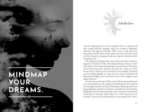 Book page with silhouette of a person and text about mind mapping dreams.