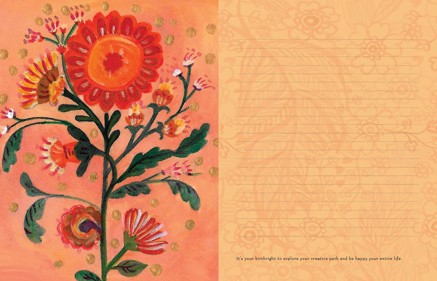 Decorative floral design on a pink background with lined notebook paper on the right.