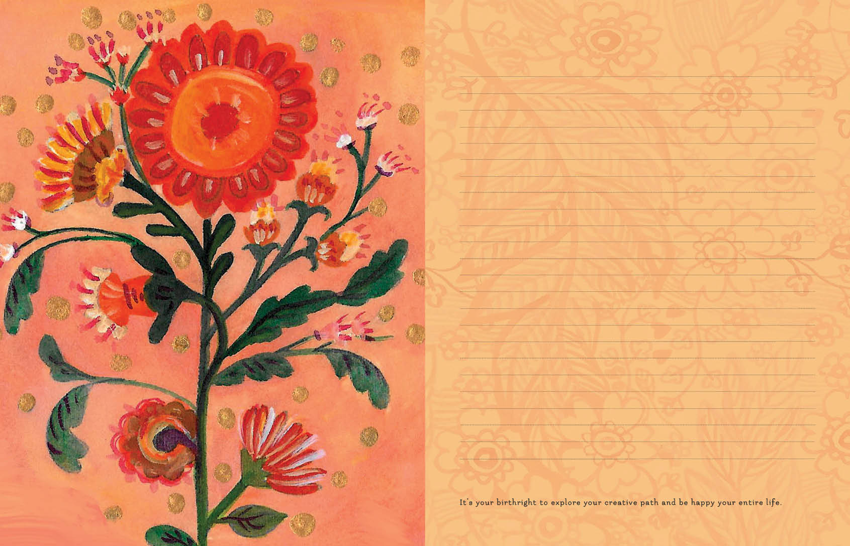 Decorative floral design on a pink background with lined notebook paper on the right.