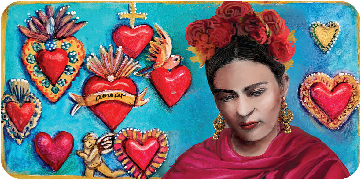 Frida Kahlo with colorful heart designs on a blue background