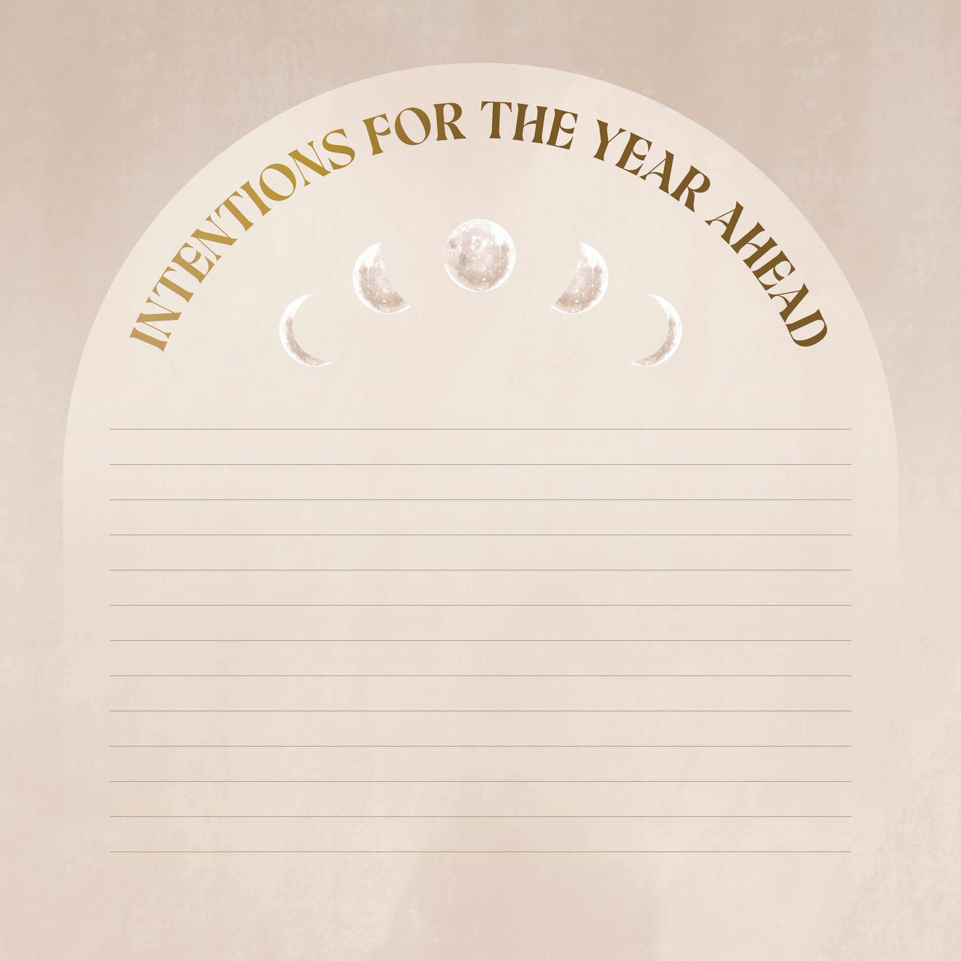 Notebook with 'Intentions for the Year Ahead' text and moon phase symbols on a beige background