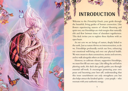 Book page with an illustration of a person in a flowing garment and butterflies, accompanied by text on friendship and connection.