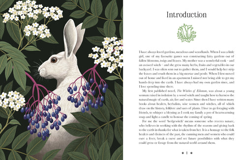 Book page with a rabbit illustration surrounded by foliage and flowers, and text on the right.