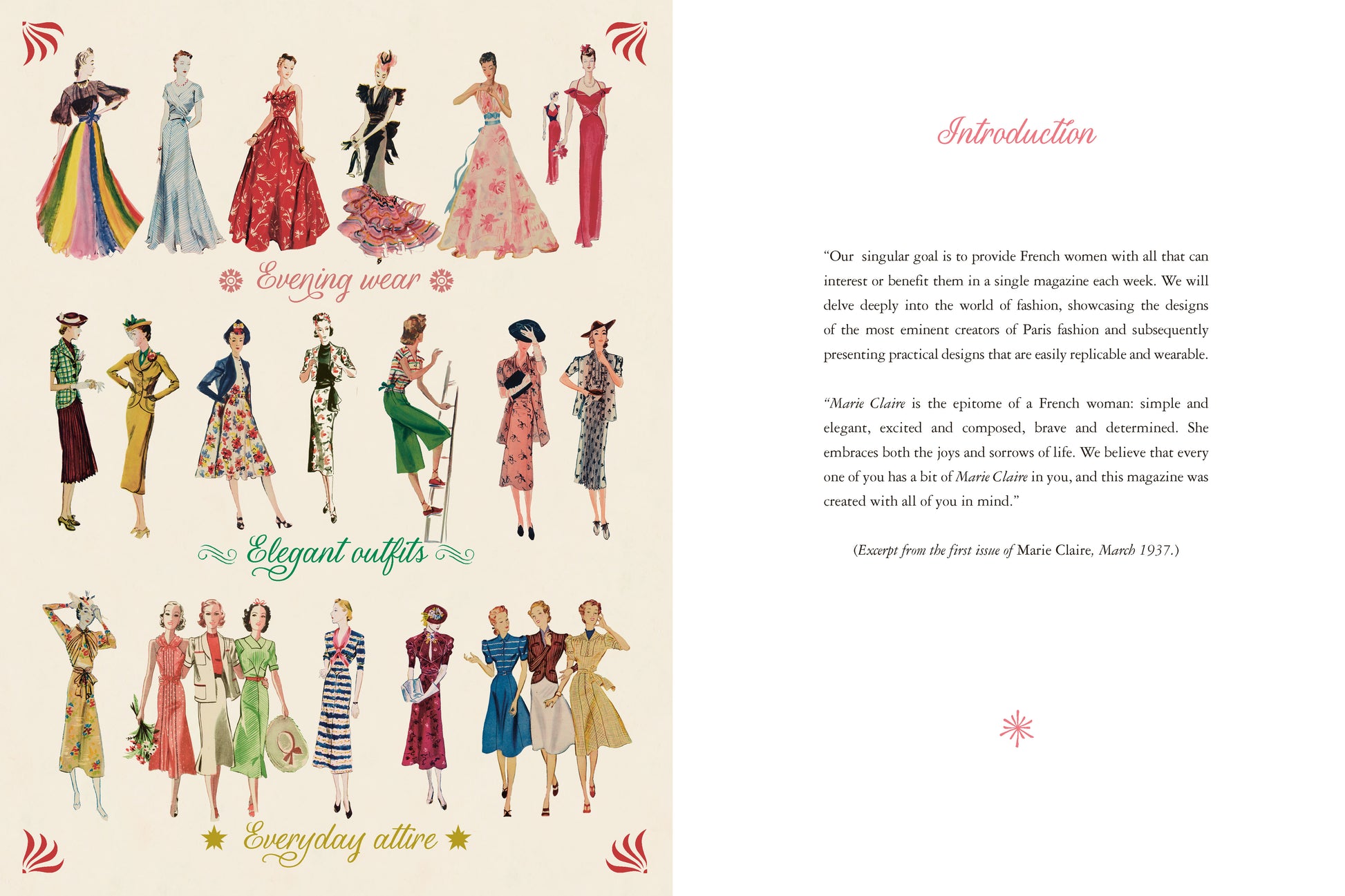 Illustrations of women in various outfits on a magazine page with text.