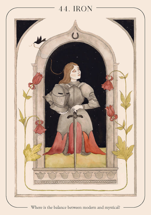 Illustration of a person in armor with flowers, framed as a tarot card titled 'Iron'.