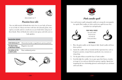 Magazine or book page with candle spell instructions and illustrations on a red and black background.