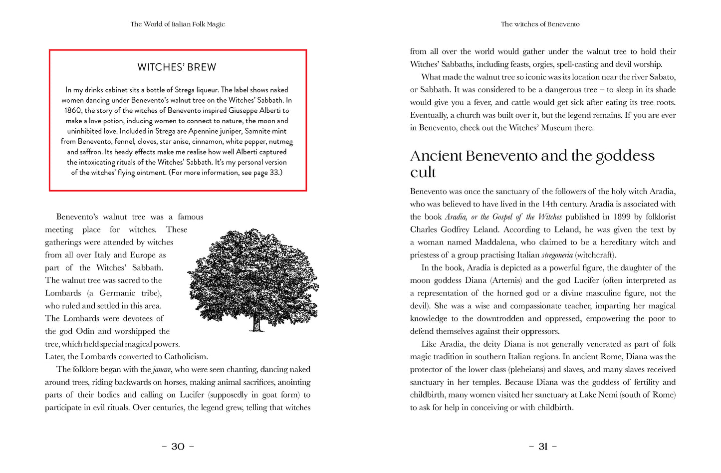 Book page with text and a black and white illustration of a tree on a white background