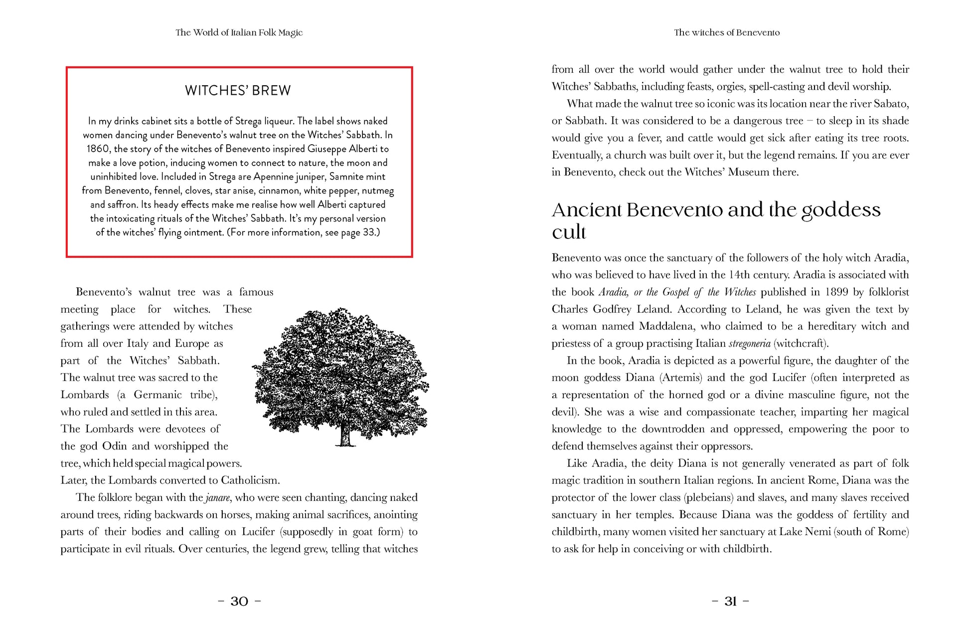 Book page with text and a black and white illustration of a tree on a white background