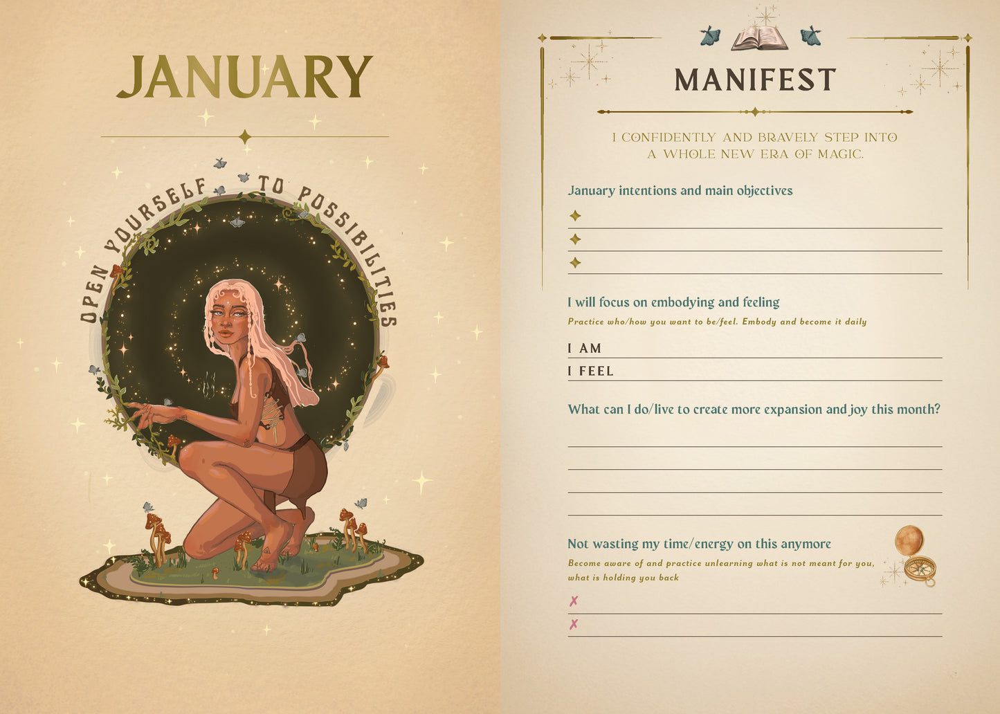 January-themed page with a woman, plants, and text on a beige background
