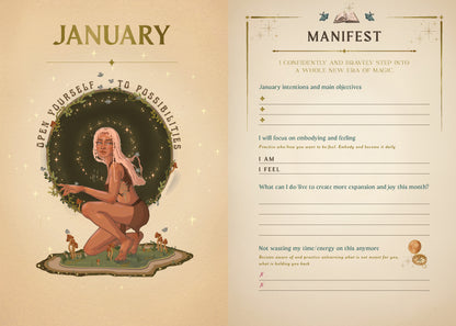 January-themed page with a woman, plants, and text on a beige background