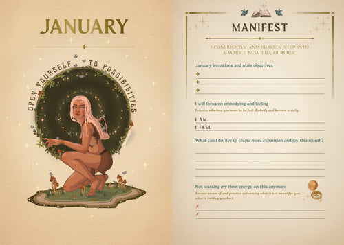 January-themed page with a woman, plants, and text on a beige background