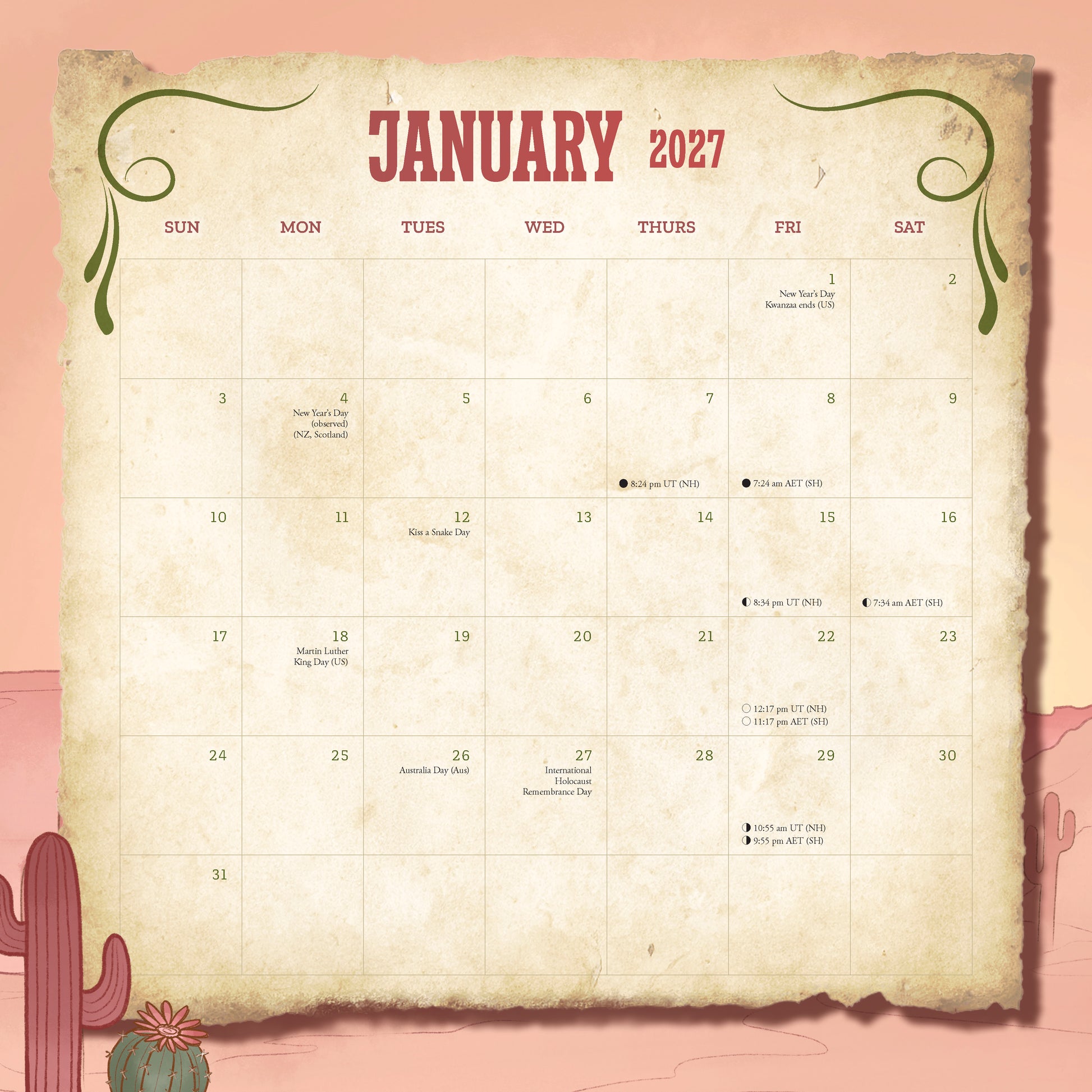 January 2027 calendar on a textured paper background with decorative elements.