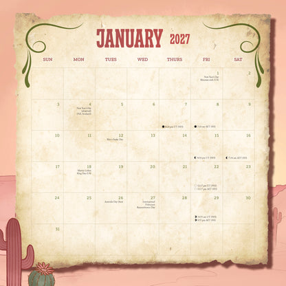 January 2027 calendar on a textured paper background with decorative elements.