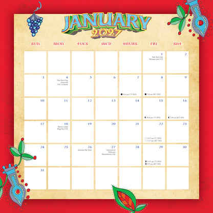 January 2027 calendar on a red background with decorative elements.