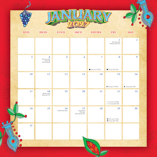January 2027 calendar on a red background with decorative elements.