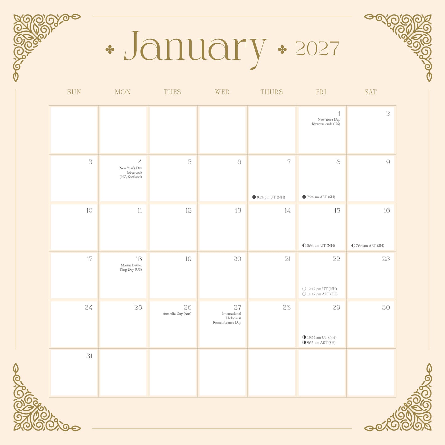 January 2027 calendar spread on beige background 