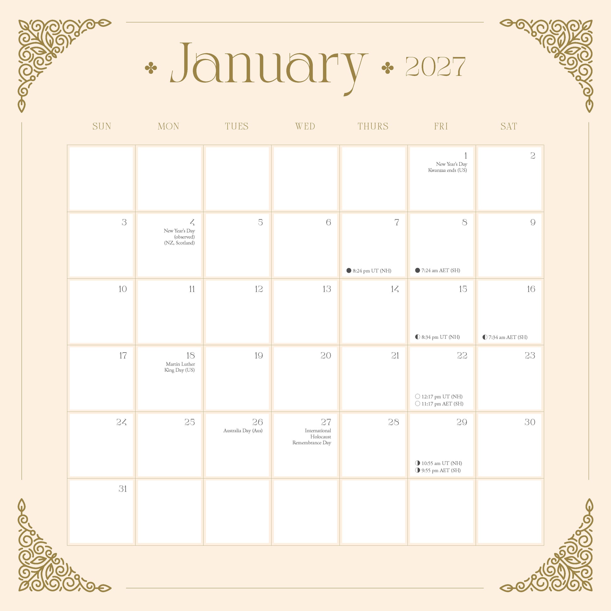 January 2027 calendar spread on beige background 