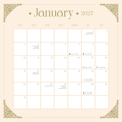 January 2027 calendar spread on beige background 