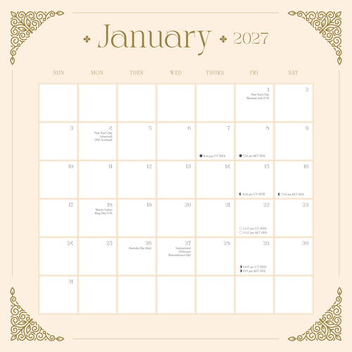 January 2027 calendar spread on beige background 