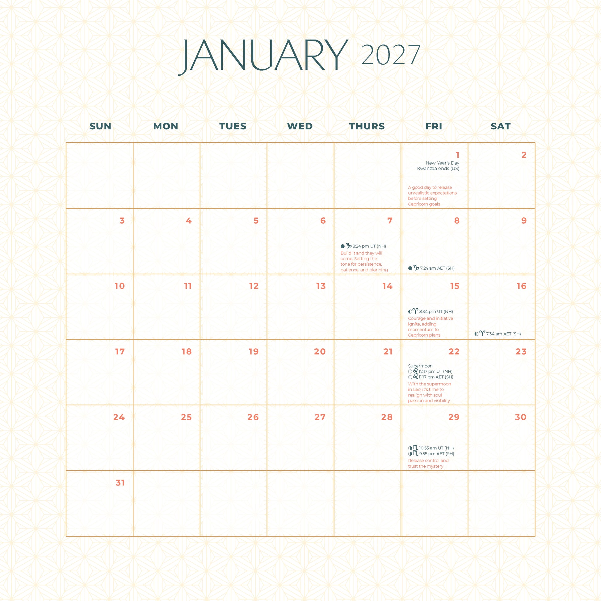 January Calendar page from 2027 Moon Wall Calendar
