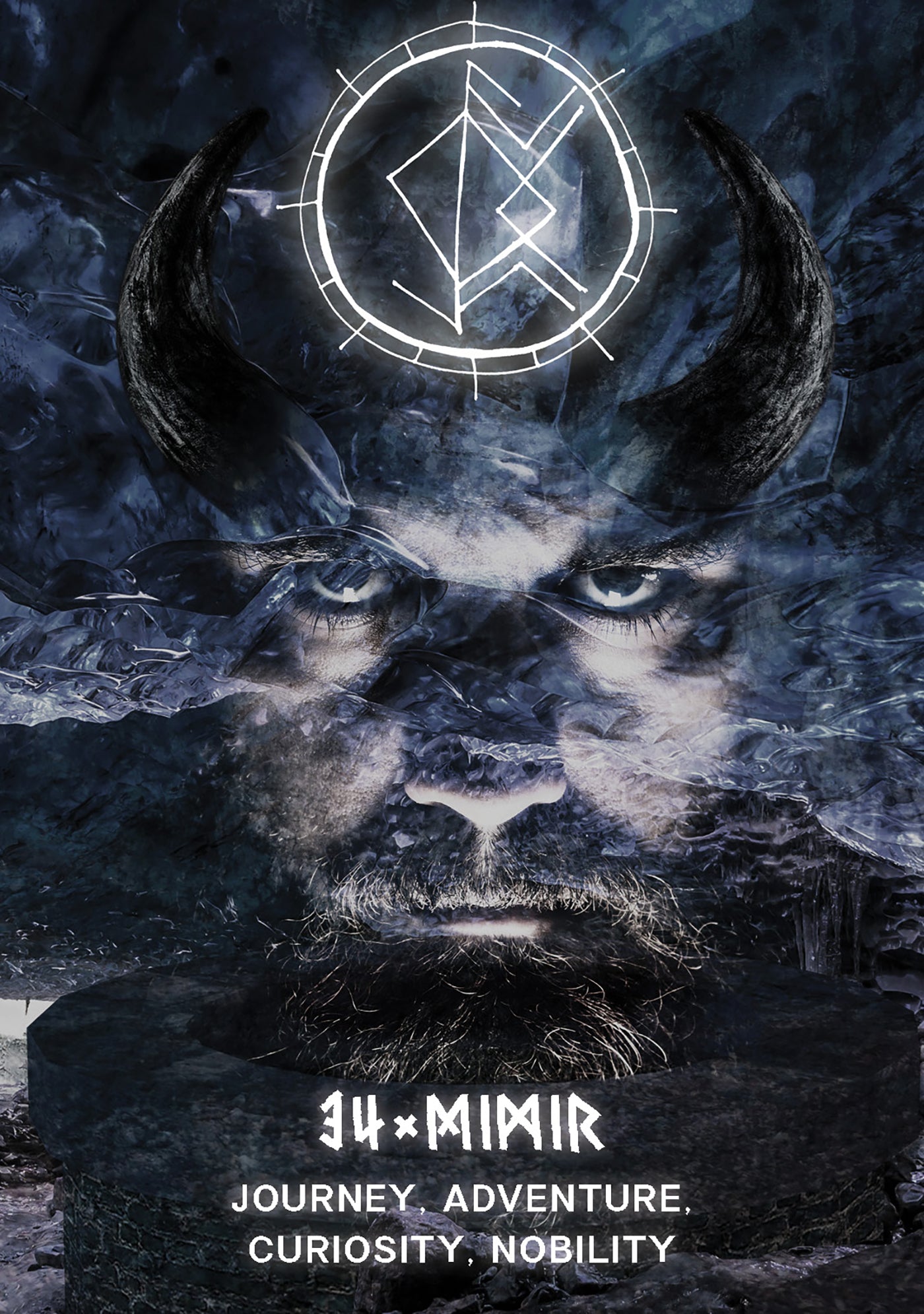 Stylized image of a creature with horns and a mystical symbol, featuring the text '34x-Mimir' and motivational phrases.