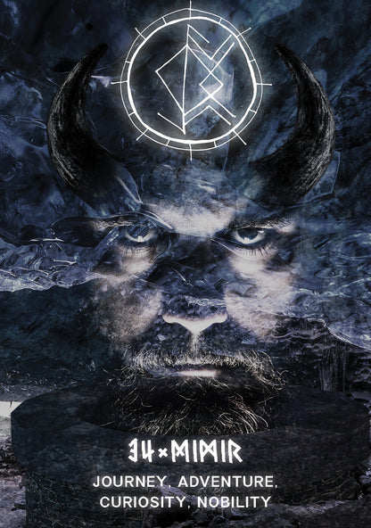 Stylized image of a creature with horns and a mystical symbol, featuring the text '34x-Mimir' and motivational phrases.