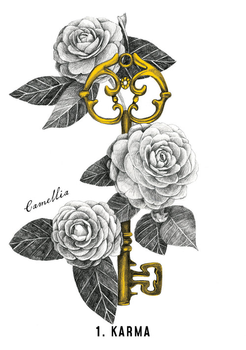 Decorative illustration of a key intertwined with camellia flowers on a white background.