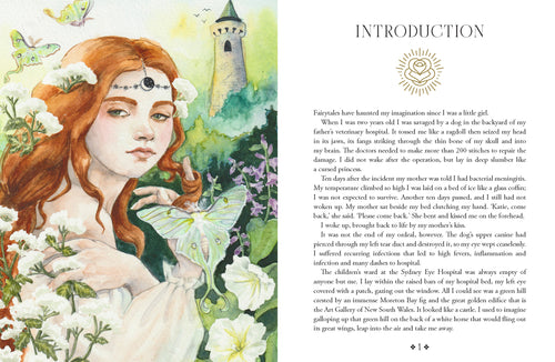 Illustrated fairy with red hair and butterfly wings on a book page with text.