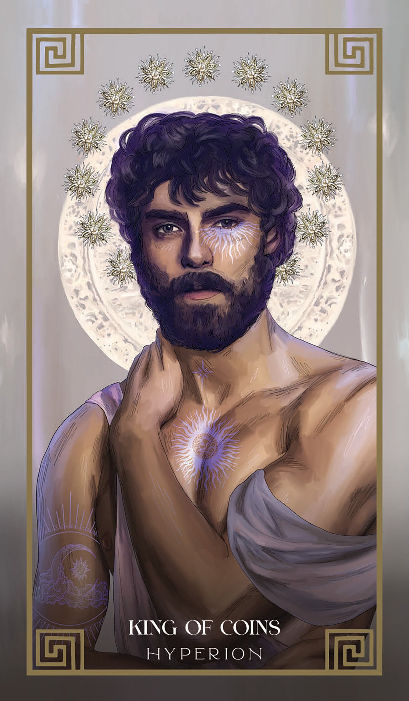 Illustration of a bearded figure with purple hair and tattoos, labeled 'King of Coins Hyperion' on a decorative background.