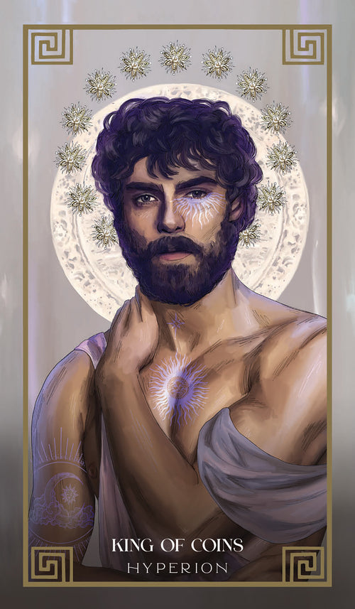 Illustration of a bearded figure with purple hair and tattoos, labeled 'King of Coins Hyperion' on a decorative background.