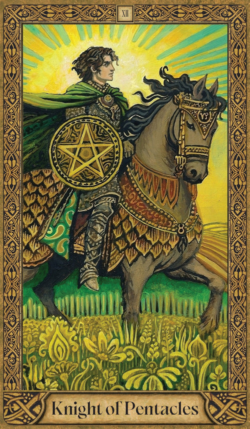 Tarot card featuring a knight on horseback with a pentacle symbol, framed with decorative elements.