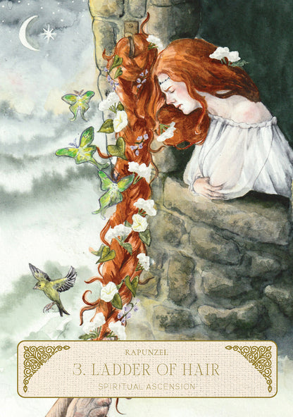 Illustration of a woman with long red hair on a stone wall with flowers and a bird, titled 'Ladder of Hair'.