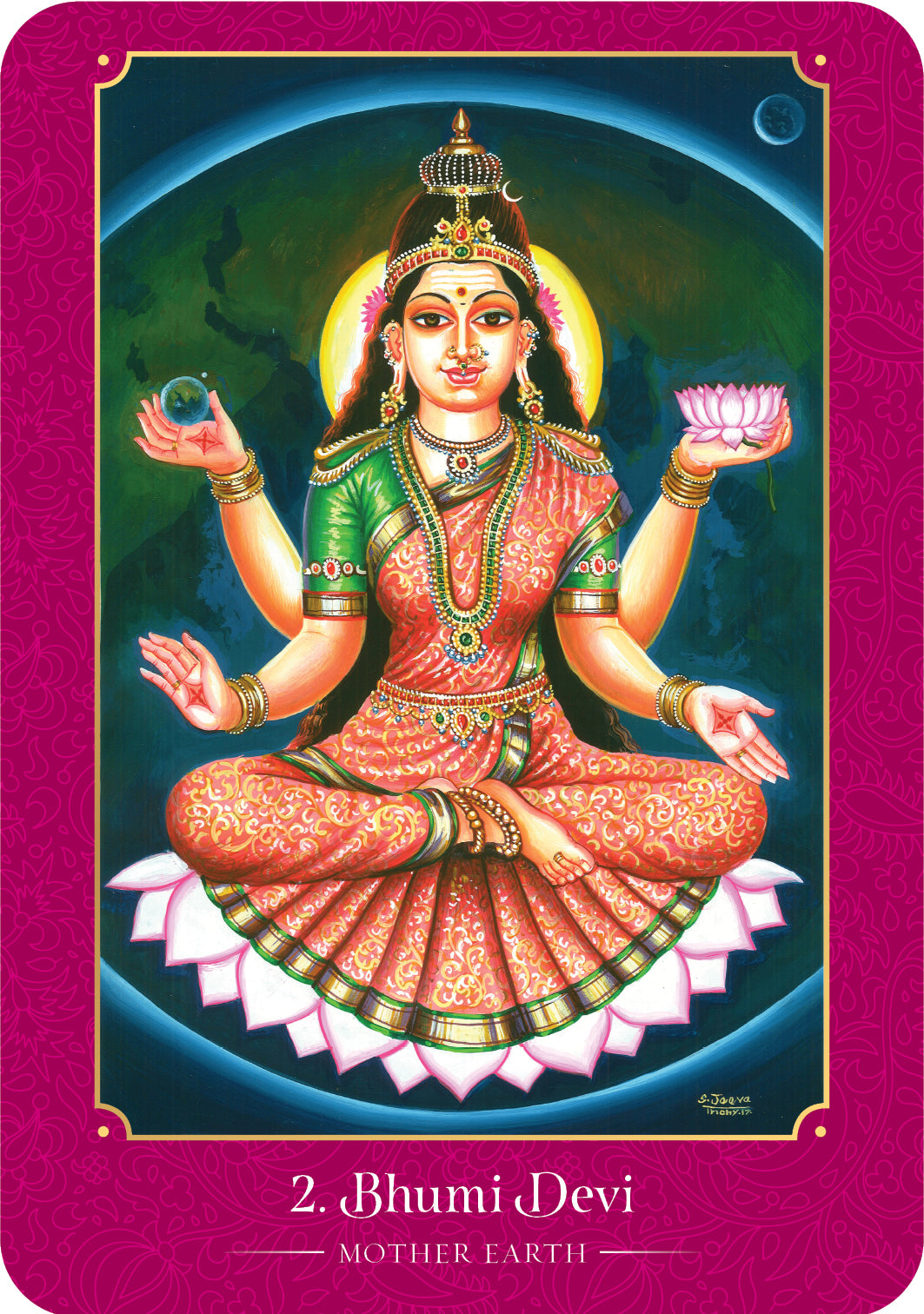 Bhumi Devi, a goddess associated with Earth, in a colorful traditional outfit on a magenta background.