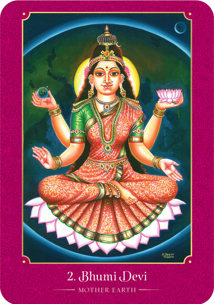 Bhumi Devi, a goddess associated with Earth, in a colorful traditional outfit on a magenta background.