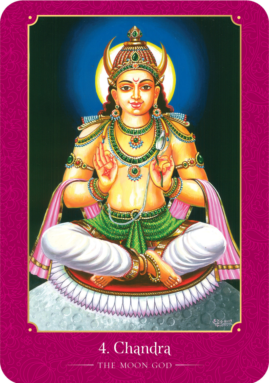 God Chandra in traditional attire with a magenta border