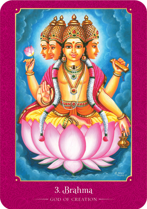 God of creation with three faces and a pink lotus on a purple border