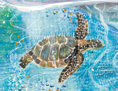 Illustration of a sea turtle swimming in water with colorful bubbles