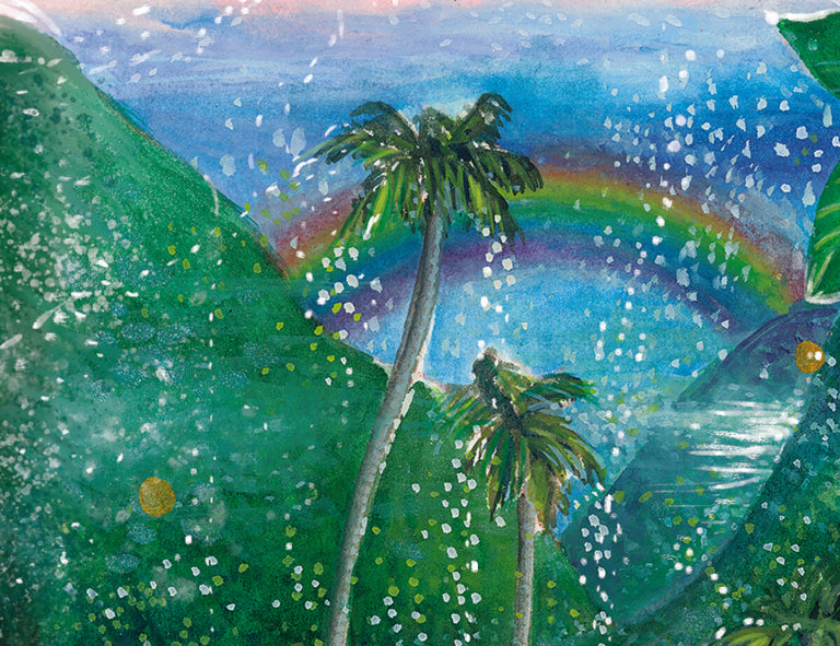 Tropical landscape with palm trees and a rainbow in a green and blue color scheme.