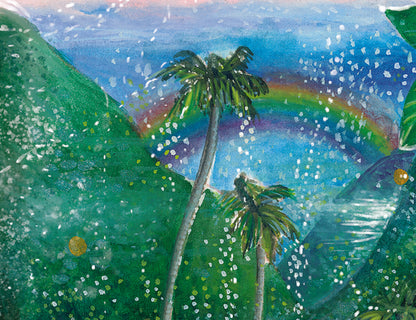 Tropical landscape with palm trees and a rainbow in a green and blue color scheme.