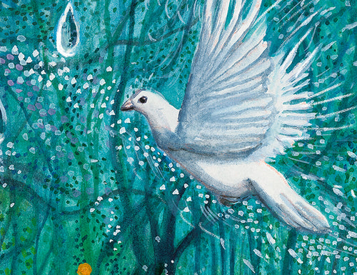 White dove flying among green foliage