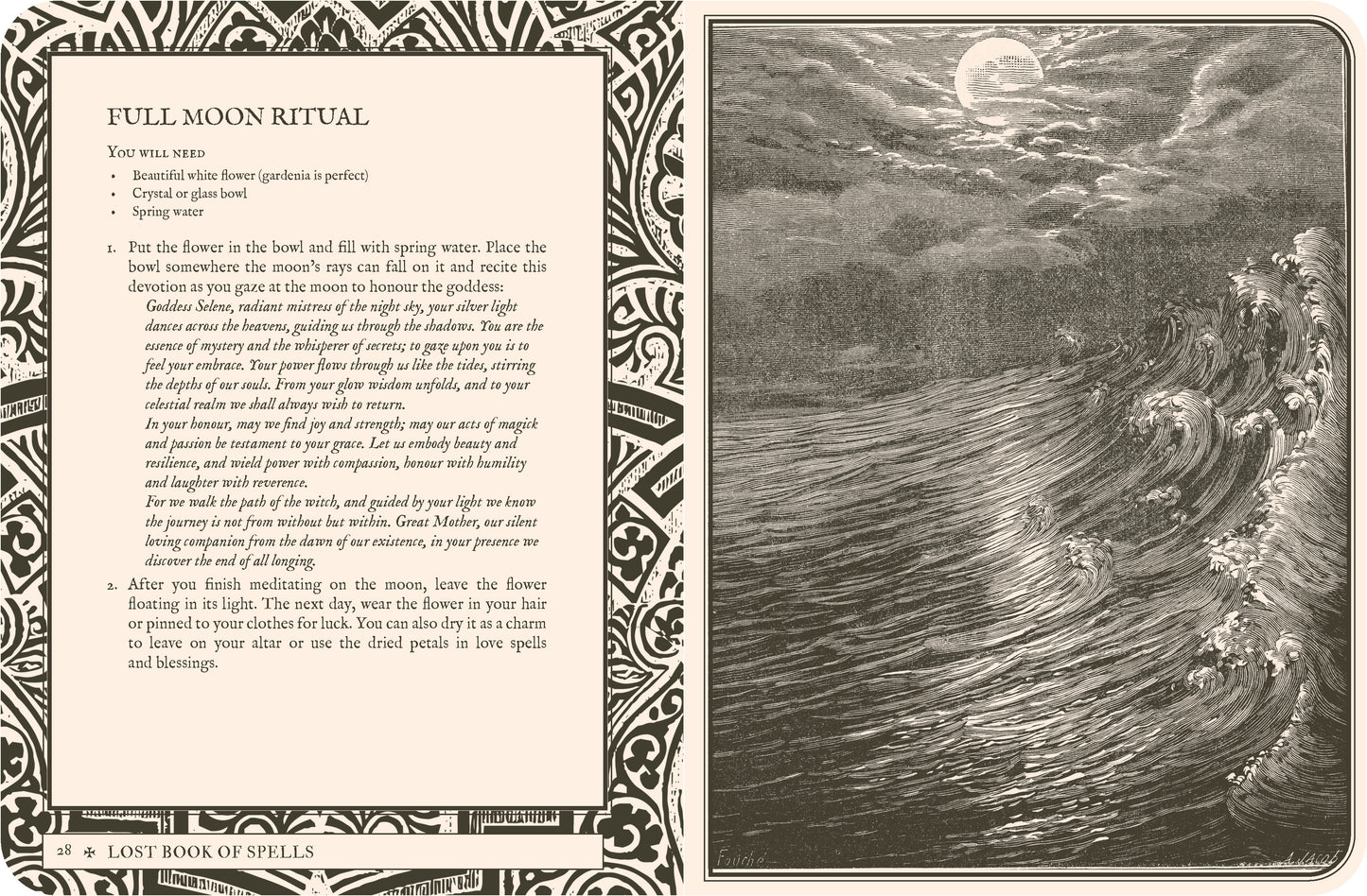 Illustration of a full moon ritual with text on the left side, from 'The Lost Book of Spells'.