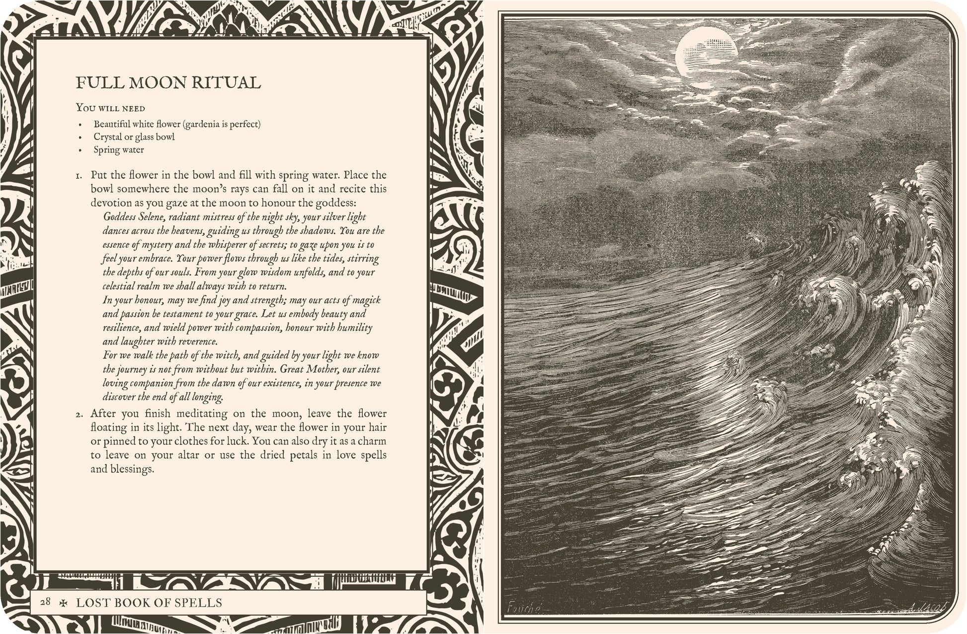 Illustration of a full moon ritual with text on the left side, from 'The Lost Book of Spells'.
