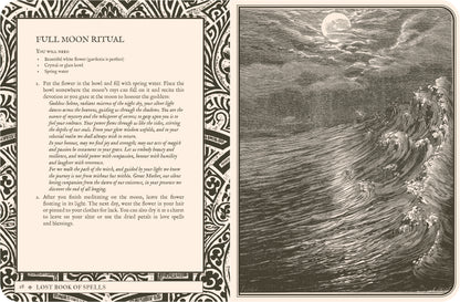 Illustration of a full moon ritual with text on the left side, from 'The Lost Book of Spells'.