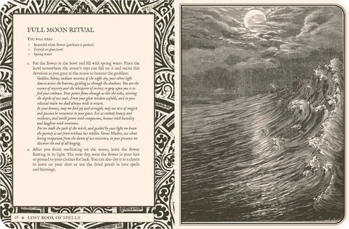 Illustration of a full moon ritual with text on the left side, from 'The Lost Book of Spells'.